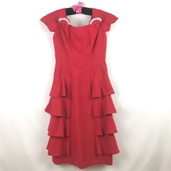 Vintage Handmade Red Pinup Tiered Ruffled Party Dress Beaded Accents Sz Medium - Picture 1 of 6